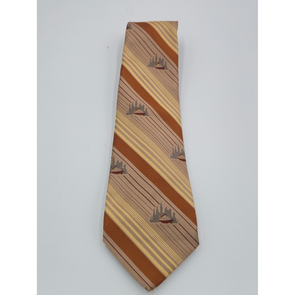 Vintage Sears The Mens Store Tie Brown Yellow Striped Ship Novelty 70s Polyester